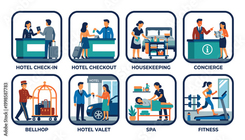 Collection of hotel service icons including check-in, check-out, housekeeping, concierge, bellhop, valet, spa, and fitness.