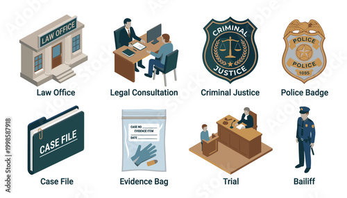 Collection of isometric icons representing legal and law enforcement concepts, including law office, legal consultation, criminal justice, police badge, case file, evidence bag, trial, and bailiff.