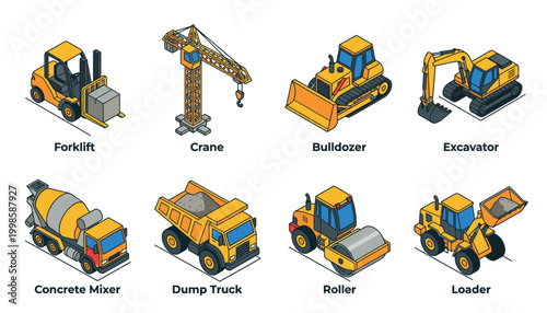 Collection of isometric construction vehicles including forklift, crane, bulldozer, excavator, concrete mixer, dump truck, roller, and loader.