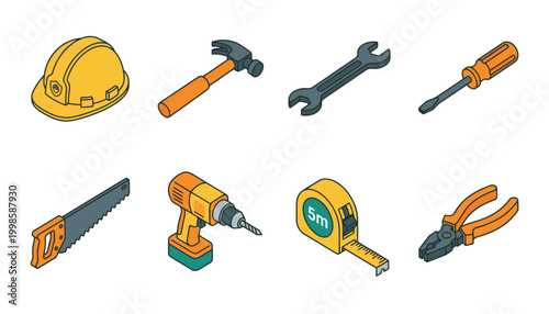 Collection of isometric construction and DIY tools including a hard hat, hammer, wrench, screwdriver, saw, drill, tape measure, and pliers.