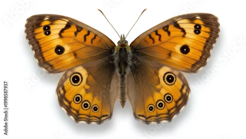 Fototapeta samoprzylepna Butterfly featuring warm golden tones and distinct dark spots spreads its wings wide on a plain white surface.
