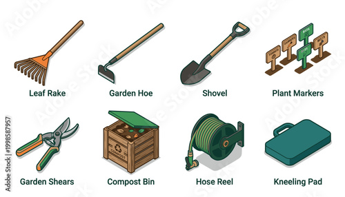 Collection of isometric gardening tools and equipment for garden maintenance and cultivation.