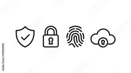 Security icons set with shield, lock, fingerprint and cloud storage for cybersecurity concepts
