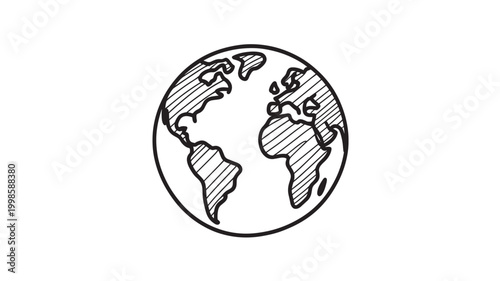 Earth Globe Hand Drawn Icon, World Map Line Art for Global Business, Geography, and Environment Concepts