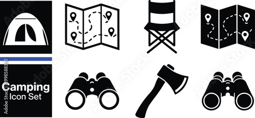 Camping and Adventure Silhouette Icon Set – Wilderness, Hiking Gear and Survival Equipment Collection