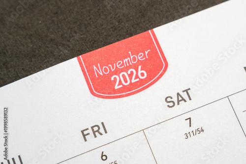Tableau sur toile Close-up of a calendar page for November 2026