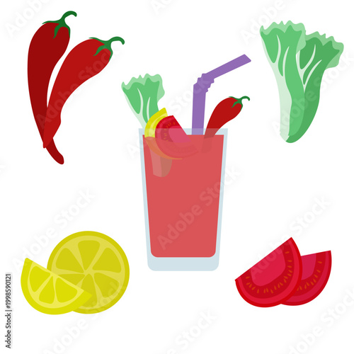 Vector flat illustration of a tomato cocktail with fresh ingredients