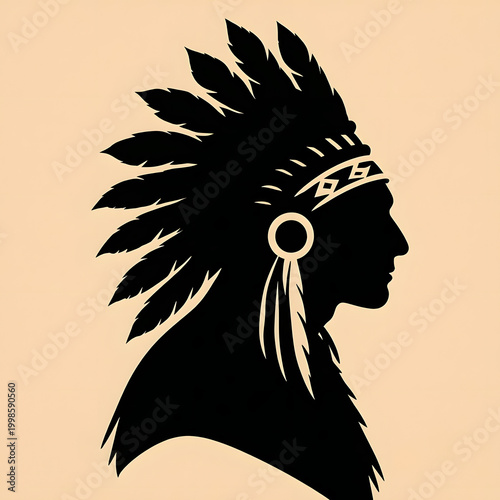 Native American Indian silhouette with feathered headdress design  