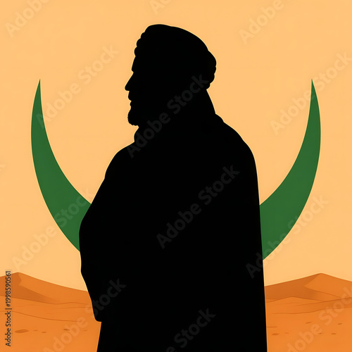 Silhouette of a man in traditional attire against desert background  