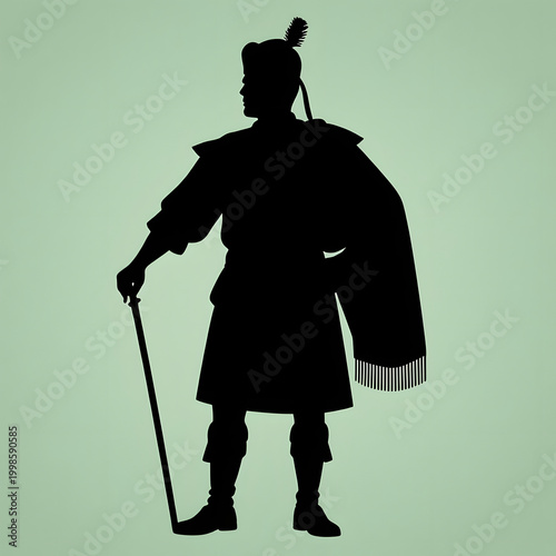 Silhouette of a warrior holding a sword with traditional clothing  
