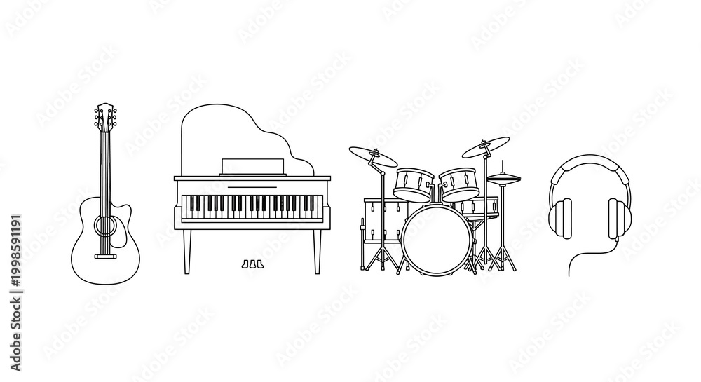 Fototapeta premium A set of musical instruments and headphones on a for music or audio concepts, Generative AI.