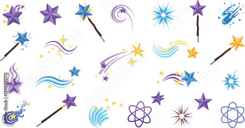 Magic Wand, Stars, and Sparkle Icons for Fantasy, Fairy Tale, and Magical Illustration Designs