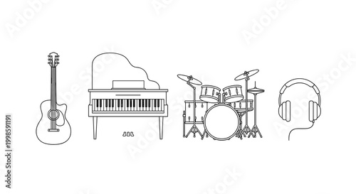 A set of musical instruments and headphones on a for music or audio concepts, Generative AI.