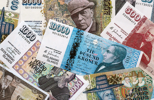 Foto Icelandic krona money banknotes pile on table