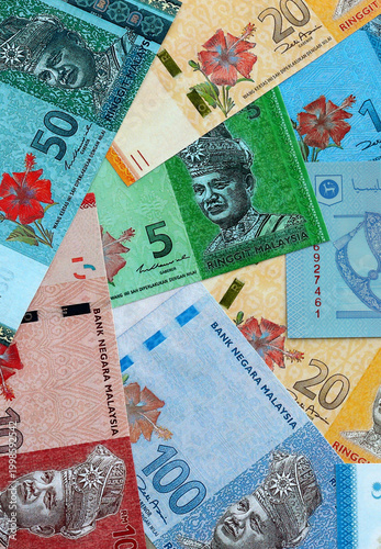 Canvas Print Malaysian ringgit money banknotes pile on table