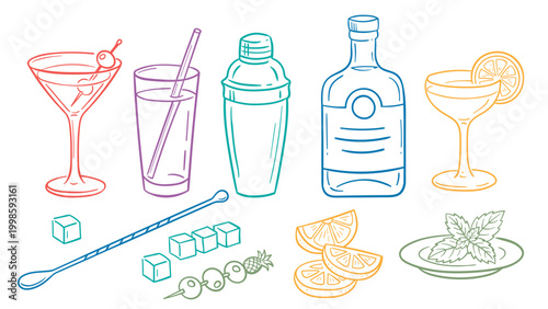 Colorful Outline Bartending and Cocktail Elements