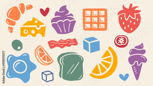 Colorful Flat Food Doodles and Icons