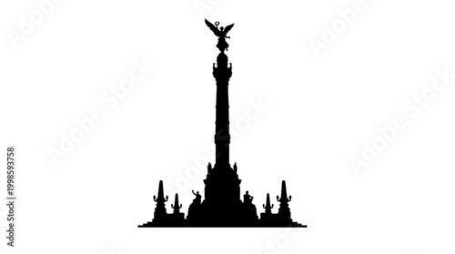 Vector silhouette of Angel of Independence monument with winged figure and statues, Mexico City cultural landmark art