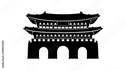 Vector silhouette of two‑tier East Asian gate with ornate rooflines and arched entrances, cultural heritage architecture art