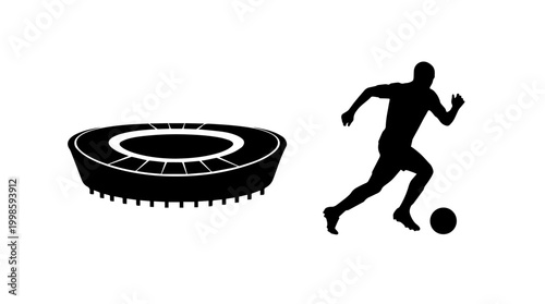 Vector silhouette of stadium with soccer player running and ball, sports venue, athletic culture, iconic football art