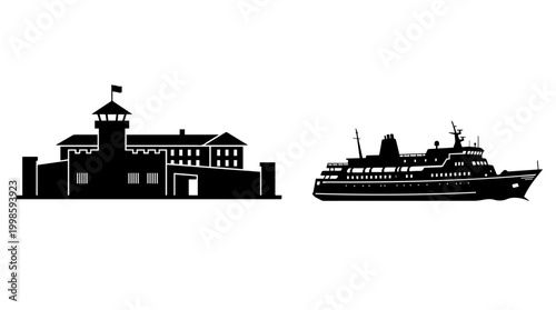 Vector silhouette of fortress building and passenger ferry, historic architecture with nautical transport, cultural heritage landmark art