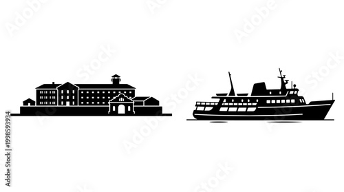 Vector silhouette of fortress building and passenger ferry, historic architecture with nautical transport, cultural heritage landmark art
