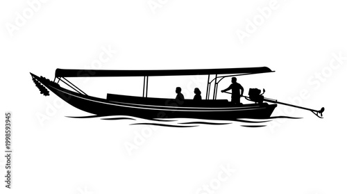 Vector silhouette of traditional long‑tail boat with canopy and passengers, river transport, cultural heritage, maritime art