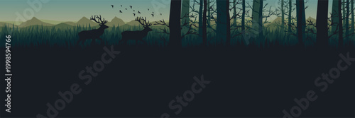 Mysterious foggy wilderness graphic concept with quiet animals