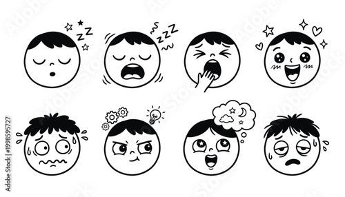 Set of eight black and white cartoon faces expressing different emotions and states.