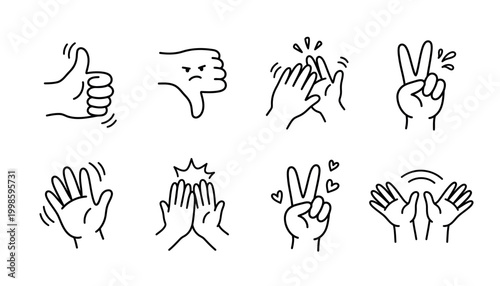 Set of hand gesture icons showing various signs including thumbs up, peace, clapping, and waving.