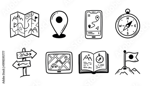 Set of hand-drawn navigation and travel icons including map, location pin, compass, and mountain flag.