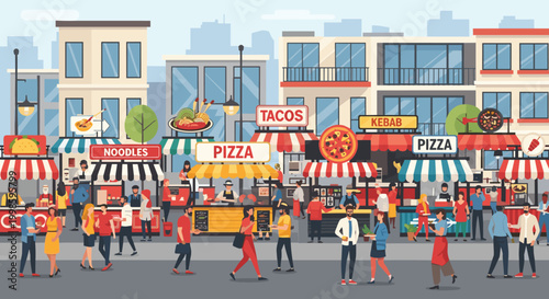 Vibrant street food market scene with people walking and eating at various food stalls, Generative AI.