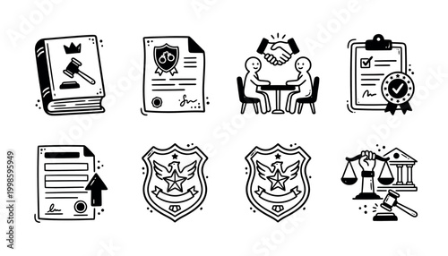 Set of black and white icons representing legal and justice concepts including law book, certificate, consultation, contract, document upload, police badges, and courthouse scales.