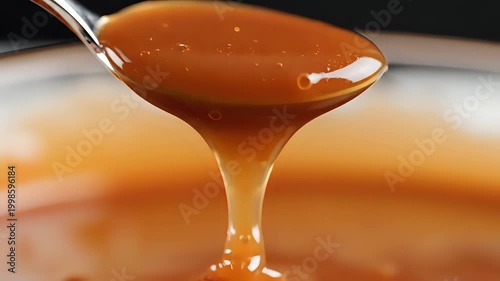 Closeup of Rich Caramel Sauce Dripping from a Spoon.