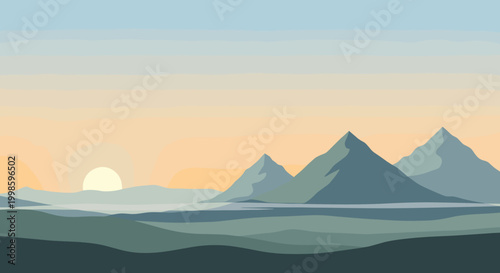 A serene mountain landscape at sunrise with a calm lake and majestic peaks, Generative AI.