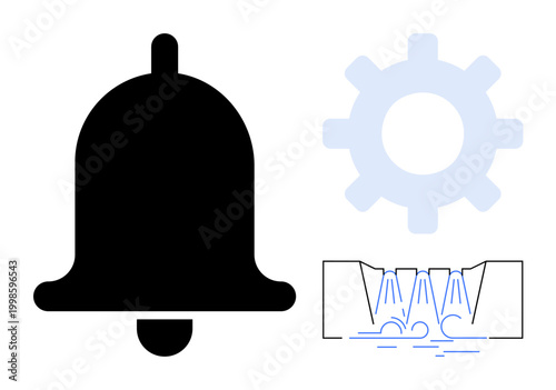 Notification systems, workflow processes, engineering solutions, technical schematics, user interfaces, water dynamics. Bell icon, cogwheel and water flow diagram. Notification and workflow
