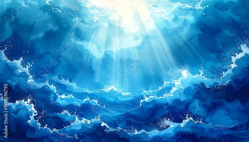 Underwater view of bright sunlight breaking through waves