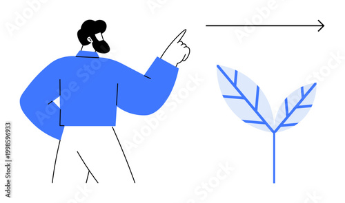 Business growth, eco-friendly solutions, leadership direction, nature initiatives, forward movement, progress. Person pointing to arrow and leaf. Business growth and eco-friendly solutions concept