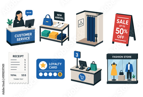 Illustrated set of retail shopping and customer service scenes.