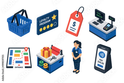 Colorful retail shopping and checkout icons showing basket, loyalty card, tags and kiosk.