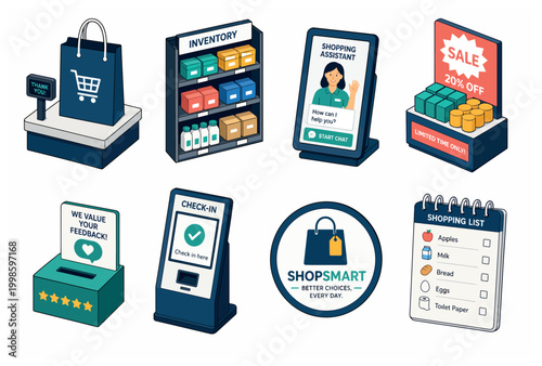 Vector set of retail and mobile shopping icons for digital payments and checkout.