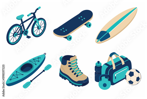 Collection of colorful outdoor sports and leisure equipment.