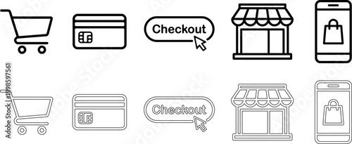 Set of ecommerce and online shopping icons, including shopping cart, credit card, checkout button, store, and mobile app