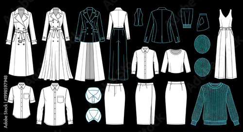 AutoCAD Fashion Clothing Outline Vector Set – Dress Frock Multi View Design Blueprint Cyan Line on Black Background