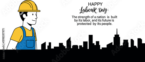 Smiling worker in hard hat with city skyline