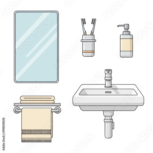 Modern bathroom interior elements set including sink mirror towel rack soap dispenser and toothbrushes in holder.