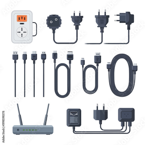 Assorted electronic cables USB connectors power adapters and a wireless router for device charging data transfer and internet connectivity solutions.