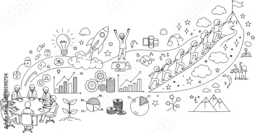 Conceptual doodle illustrating business strategy, innovation, and teamwork. A visual path to growth, success, development, and achieving ambitious goals