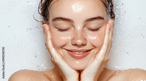 Young woman enjoying water splash on face for skincare