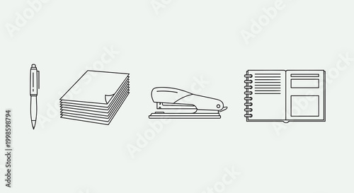 Office supplies including pen paper stapler and notebook on green background, Generative AI.
